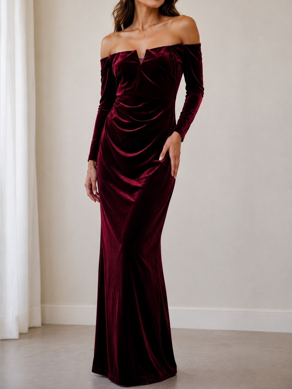 Xscape Burgundy Velvet Off Shoulder Ruched Long Sleeve Maxi Gown Size 2